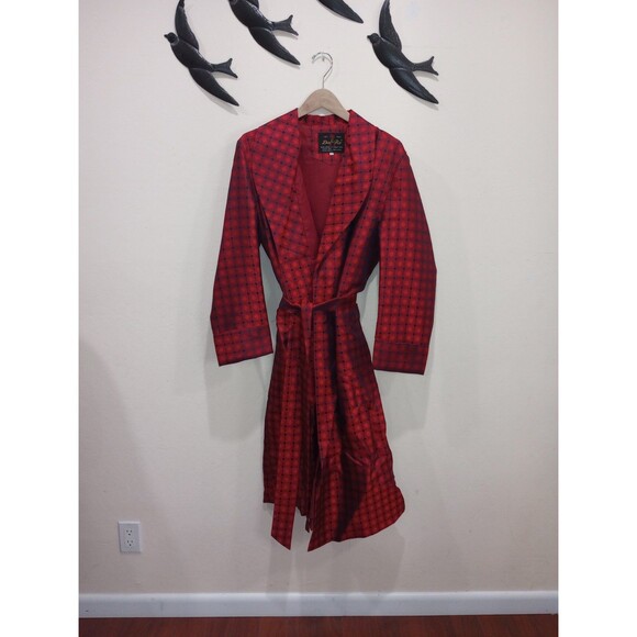 Vintage 1960's 100% Silk Men's Red & Navy Shimmer Print Robe Dressing Gown - L - Picture 7 of 10